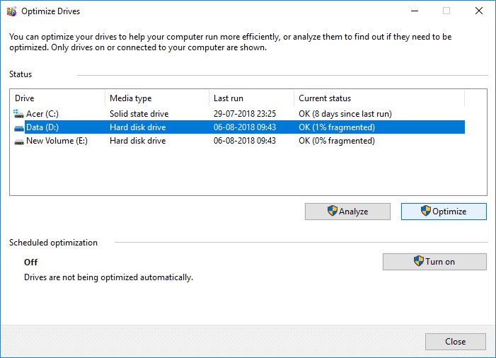 Optimalkan dan Defragmentasi Drive di Windows 10