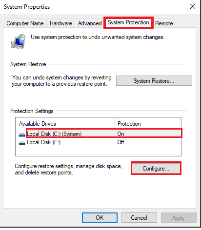 เลือก Local Disk C จากรายการและคลิกที่ Configure แก้ไขไดรฟ์ C ทำให้การเติมโดยไม่มีเหตุผล