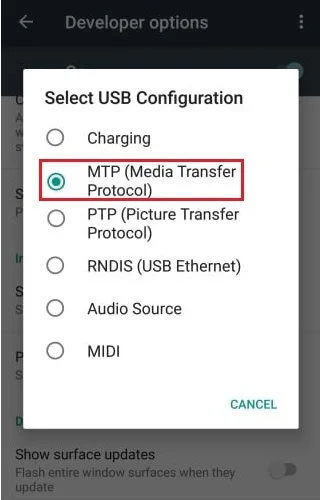 Android デバイスで MTP Media Transfer Protocol を選択します