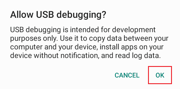 consentire il debug USB nel dispositivo Android