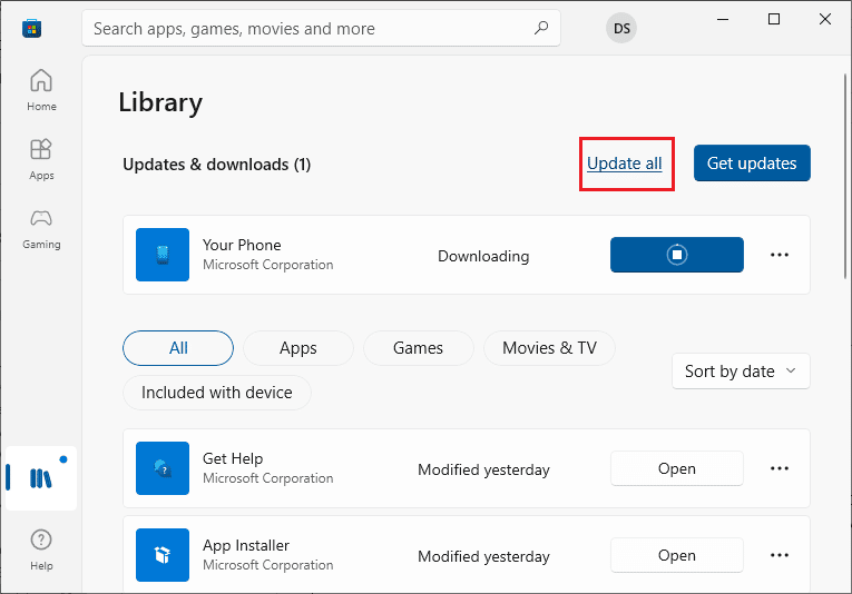 klik tombol Perbarui semua. Perbaiki Kesalahan Microsoft 0x80070032 di Windows 10