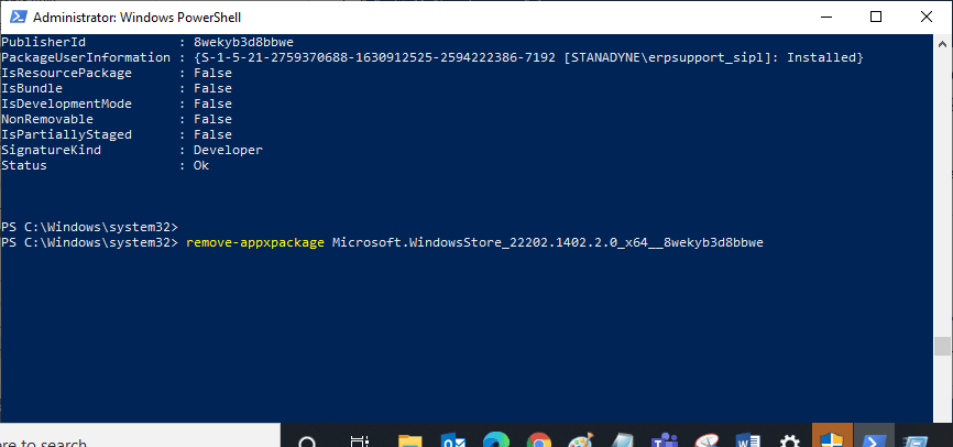 vaya a una nueva línea en la ventana de PowerShell y escriba remove appxpackage seguido de un espacio y la línea que ha copiado