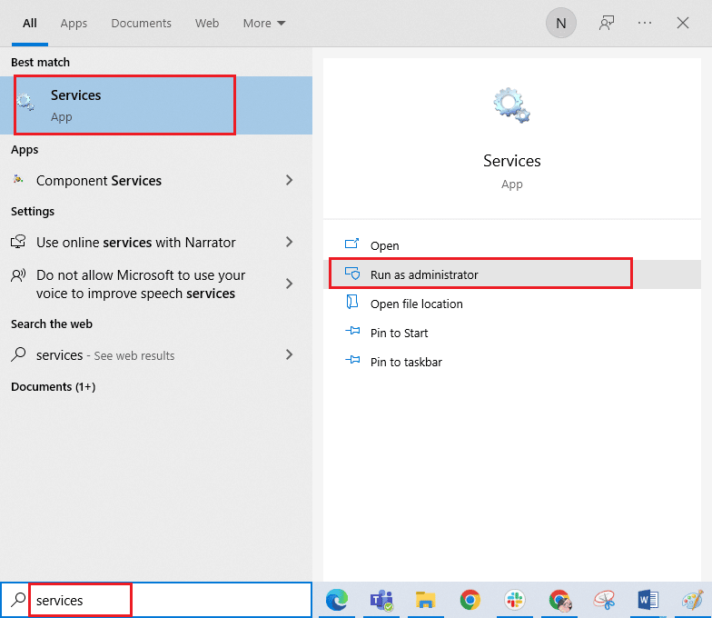 Escriba Servicios en el menú de búsqueda y haga clic en Ejecutar como administrador. Solucione el error de Microsoft 0x80070032 en Windows 10