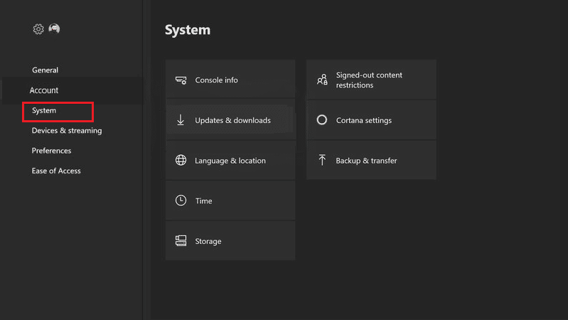 configurações do sistema xbox one