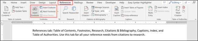 Pulsante Inserisci nota a piè di pagina in Word