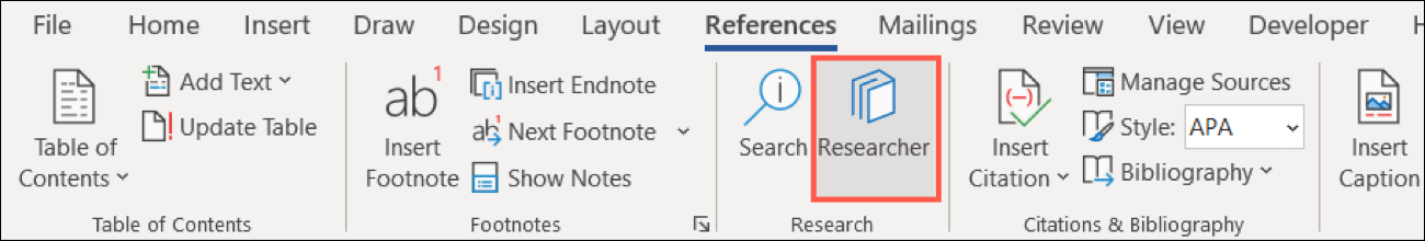 Forscher auf der Registerkarte Referenzen