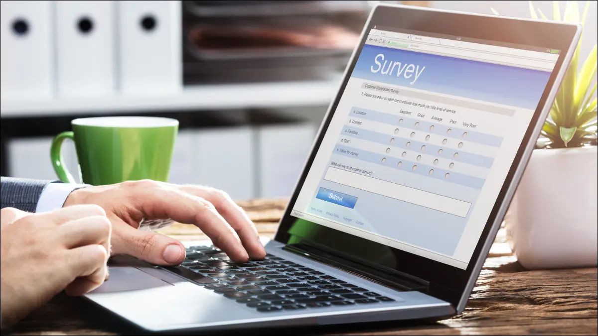 Person, die eine Umfrage auf einem Laptop mit einer grünen Tasse im Hintergrund ausfüllt.