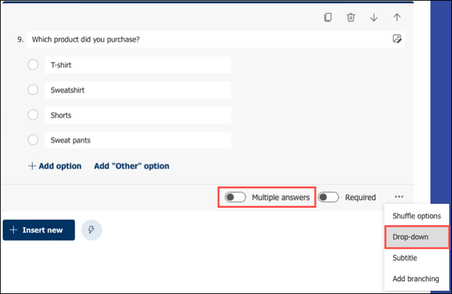 Choix d'options de question dans Microsoft Forms