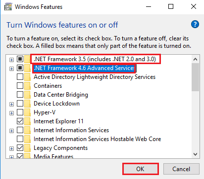 .NET Framework özelliklerini seçin ve Tamam düğmesine tıklayın