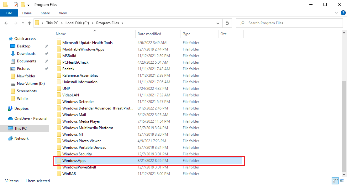 Program Files 폴더에서 WindowsApps 폴더를 찾습니다. 이 앱이 계약 지정 오류를 지원하지 않는 문제 수정