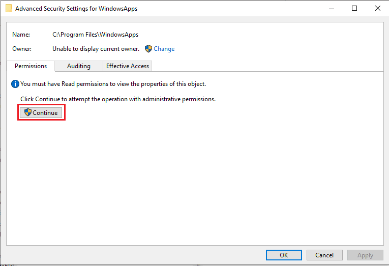 Faceți clic pe fila Continuare pentru permisiuni administrative. Remediați această aplicație nu acceptă eroarea specificată în contract