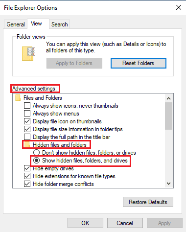 حدد خيار إظهار مجلدات ومحركات الملفات المخفية. إصلاح هذا التطبيق لا يدعم الخطأ المحدد في العقد