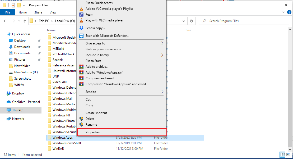 Fare clic con il pulsante destro del mouse sulla cartella WindowsApps e fare clic su Proprietà