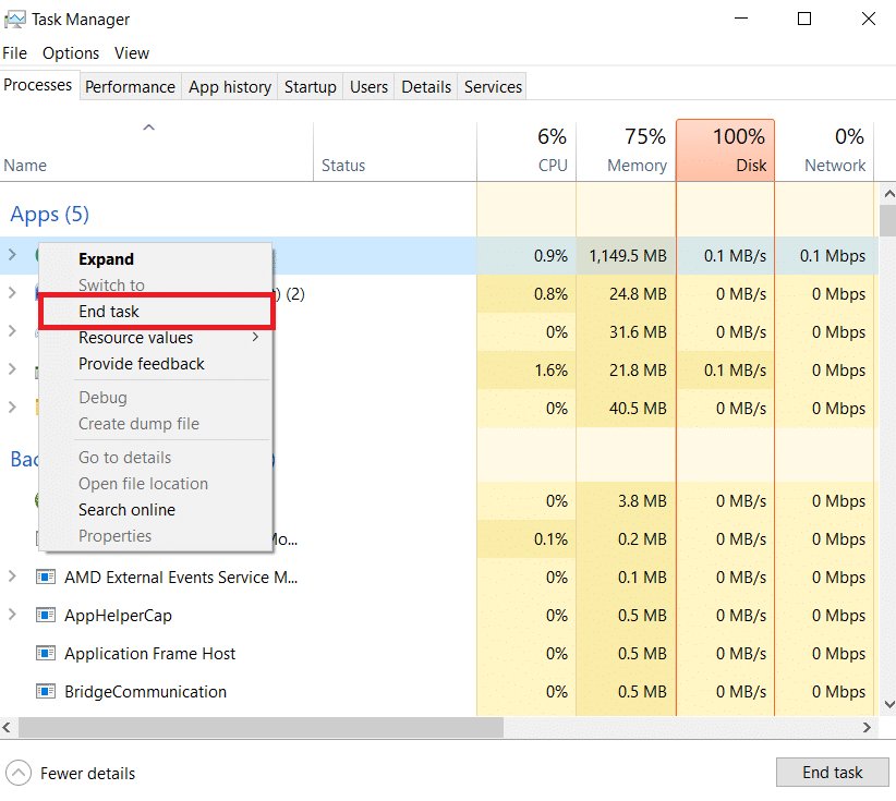 haga clic derecho sobre él y elija Finalizar tarea para finalizarlo. Arreglar el bloqueo de Star Citizen en Windows 10