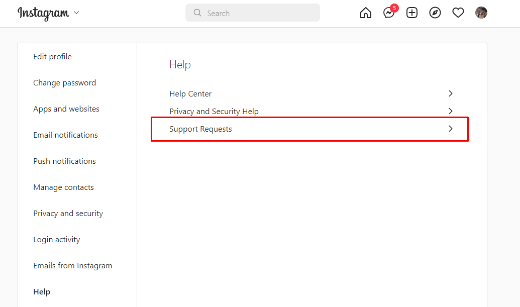 haga clic en la opción Solicitudes de soporte. Cómo no denunciar una publicación en Instagram