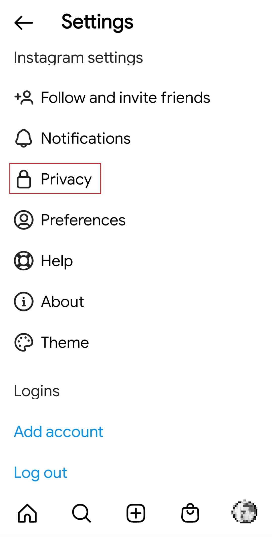 toque em Privacidade nas configurações do Instagram. Como verificar se denunciou acidentalmente alguém no Instagram