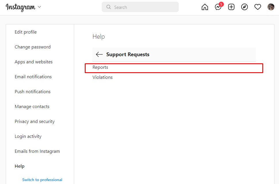 Clique em Relatórios. Como verificar se denunciou acidentalmente alguém no Instagram