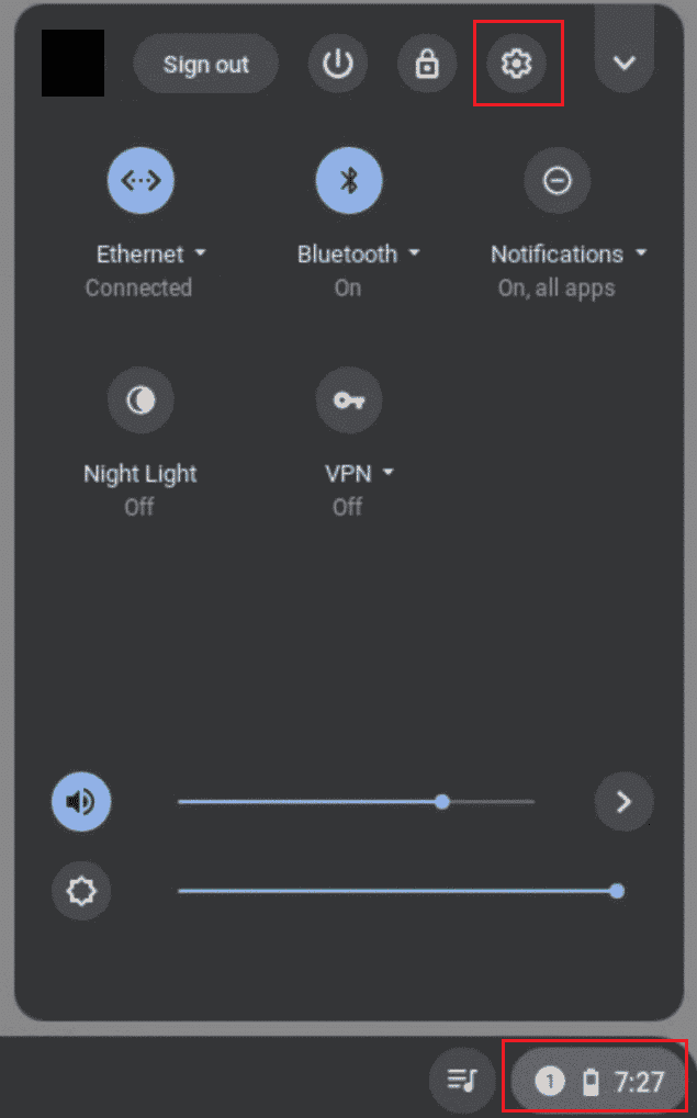 Panel de configuración rápida de Chromebook: icono de engranaje de configuración