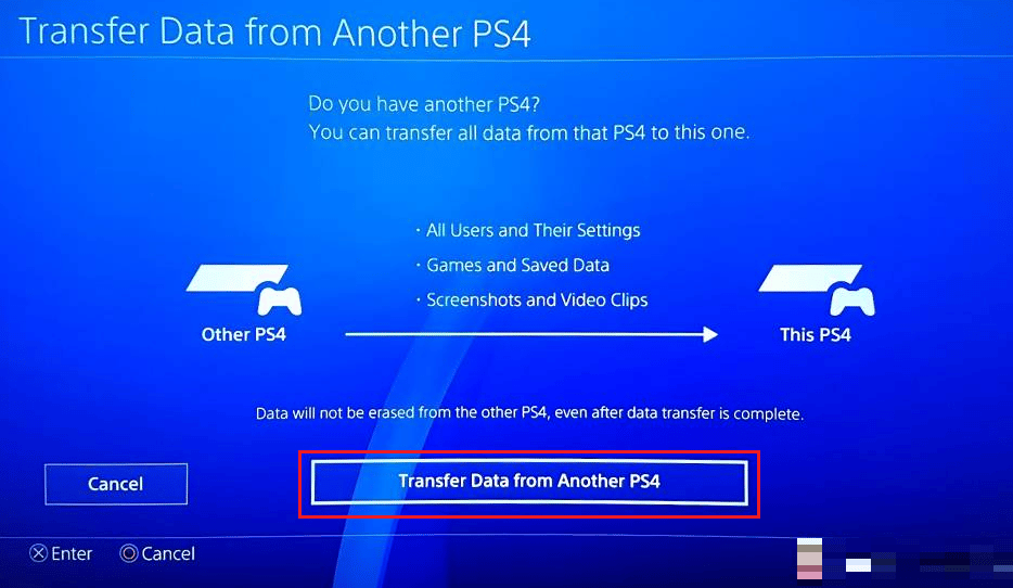 Kontynuuj, aby przejść do transferu danych z innej opcji PS4