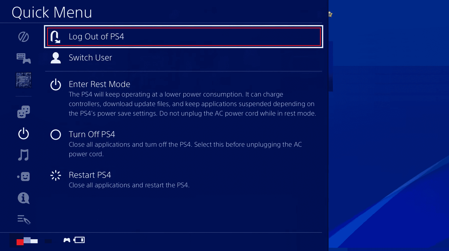 Wählen Sie die Option Von PS4 abmelden