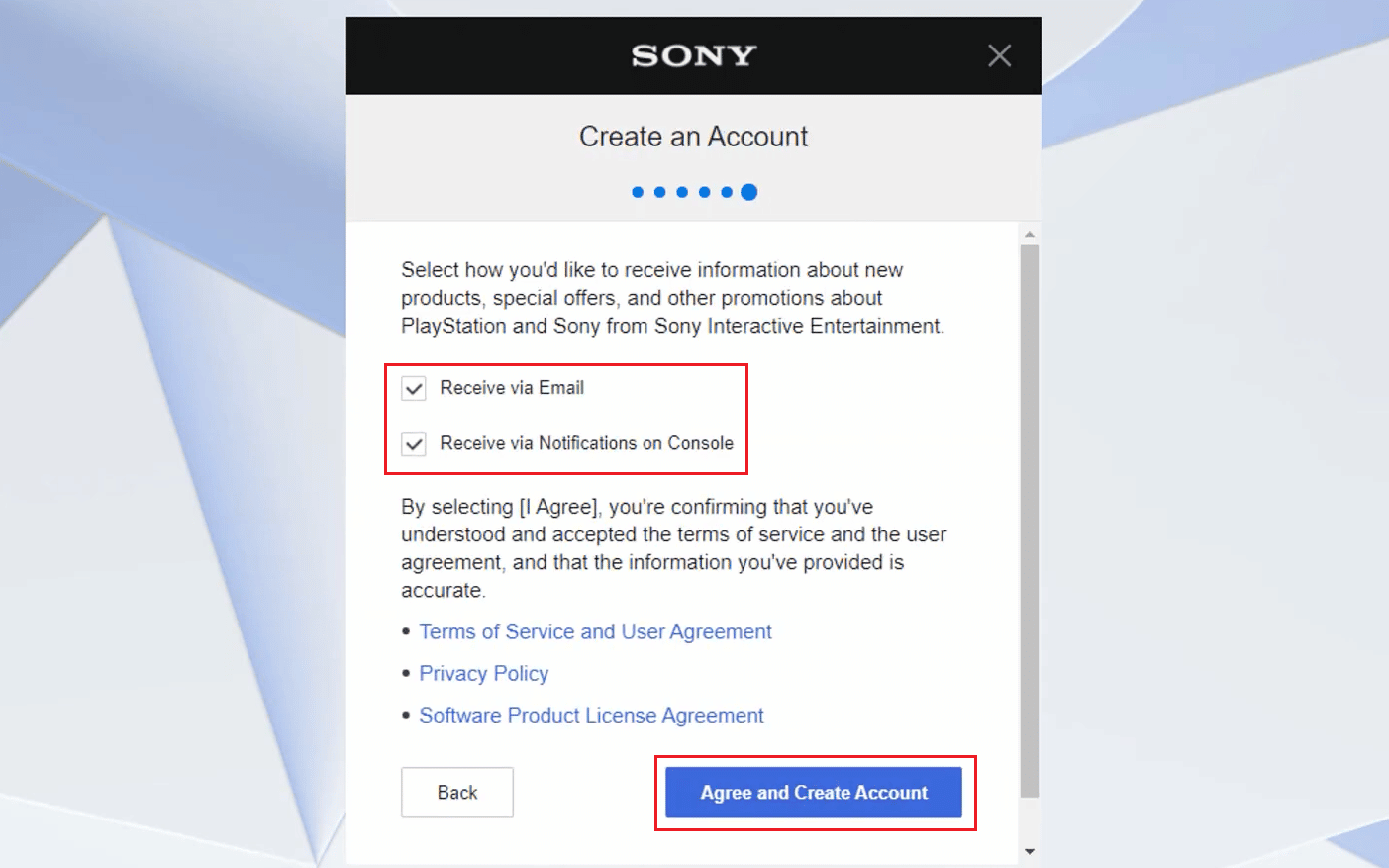 Marque os campos de recebimento, se necessário, e clique em Agree and Create Account