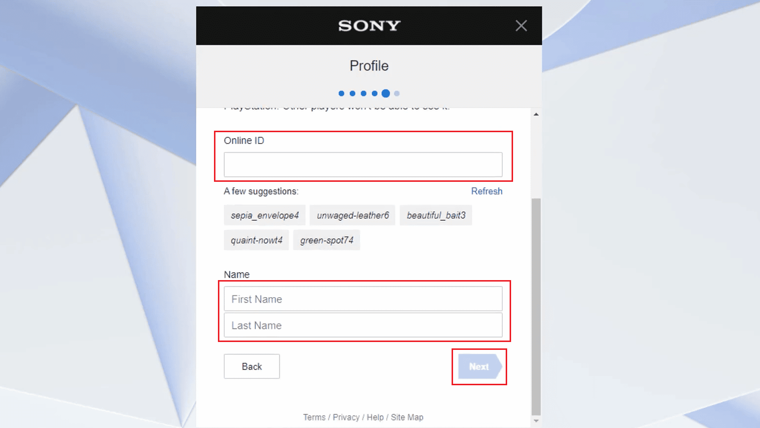 ご希望のオンライン ID、名、姓を入力し、[次へ] をクリックします。