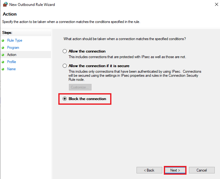 Выберите «Блокировать соединение» и нажмите «Далее».