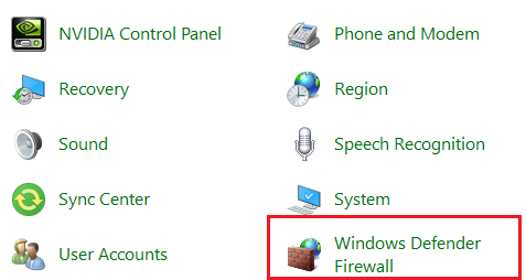 Windows Defender ファイアウォールをクリックします。