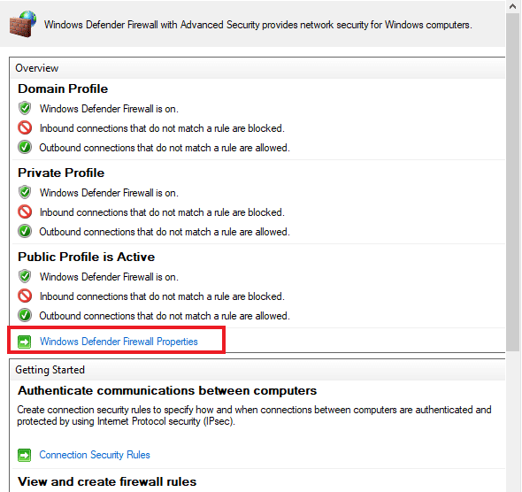 Windows Defender ファイアウォールのプロパティをクリックします。