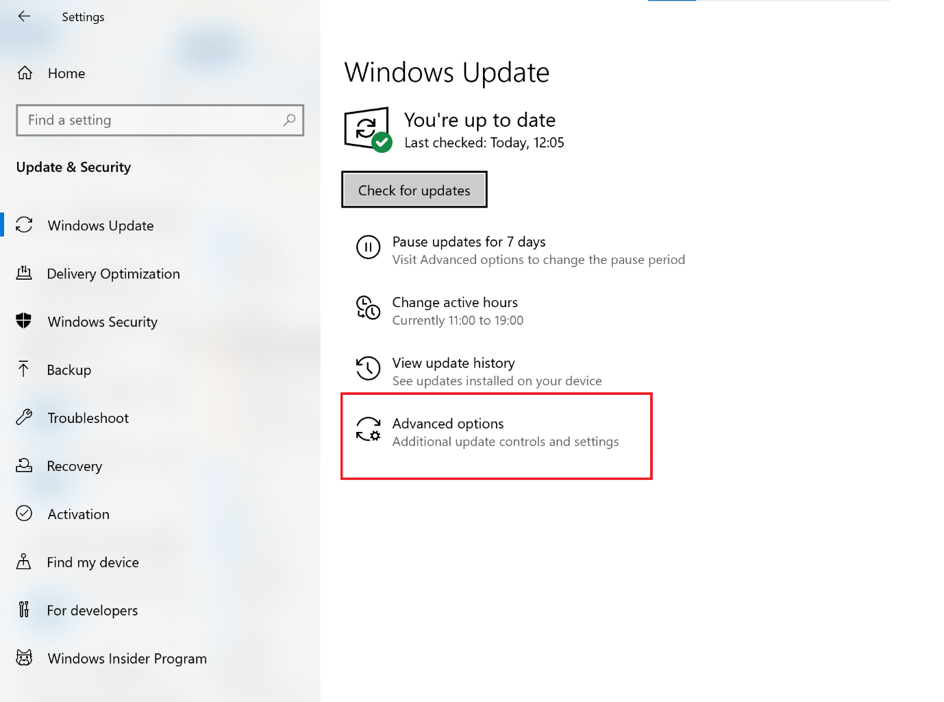 faceți clic pe Opțiuni avansate sub Actualizare Windows