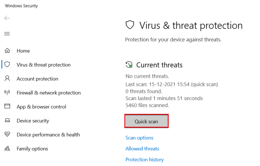 fare clic su Scansione rapida nel menu Protezione da virus e minacce. Correzione dell'errore 42127 L'archivio della cabina è danneggiato