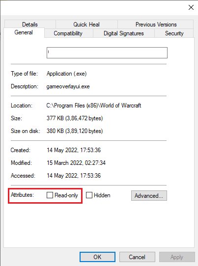 Wechseln Sie zur Registerkarte Allgemein und deaktivieren Sie das Kontrollkästchen neben Nur lesen neben dem Abschnitt Attribute. Beheben Sie den WOW51900309-Fehler in Windows 10