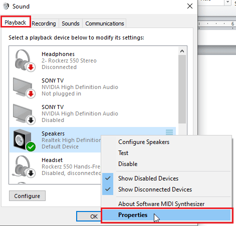 accédez à la lecture et cliquez avec le bouton droit sur le pilote audio actif et cliquez sur les propriétés. Correction du casque SADES non reconnu par le problème Windows 10