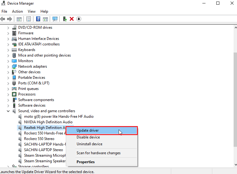 haga clic derecho en el controlador de audio activo y haga clic en actualizar controlador