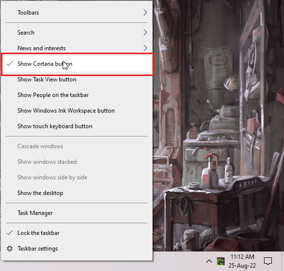 작업 표시 줄을 마우스 오른쪽 버튼으로 클릭하고 cortana 버튼 표시를 클릭하십시오.