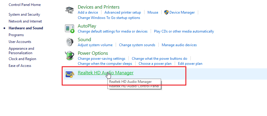 cliquez sur le gestionnaire audio realtek hd