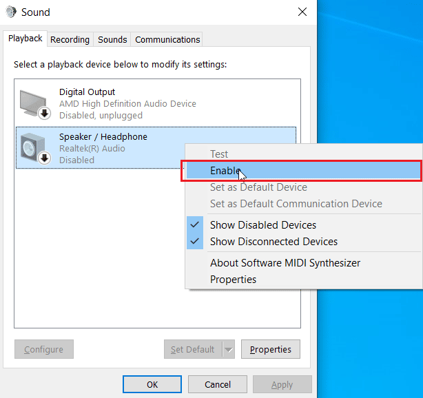 haga clic derecho en el dispositivo de audio y haga clic en habilitar