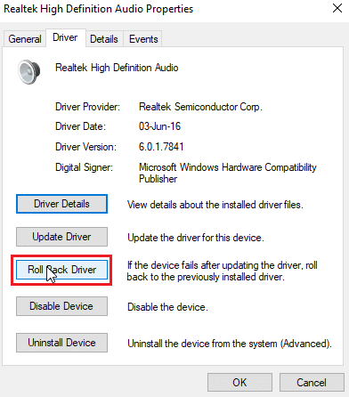 faceți clic pe rollback driver. Remediați problema căștilor SADES nerecunoscute de Windows 10