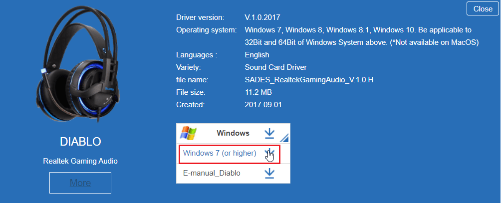 Haga clic en la flecha de descarga para descargar el controlador. Solucione el problema de los auriculares SADES no reconocidos por Windows 10