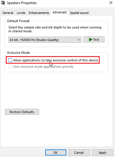 desmarque permitir que las aplicaciones tomen el control exclusivo de este dispositivo. Solucione el problema de los auriculares SADES no reconocidos por Windows 10