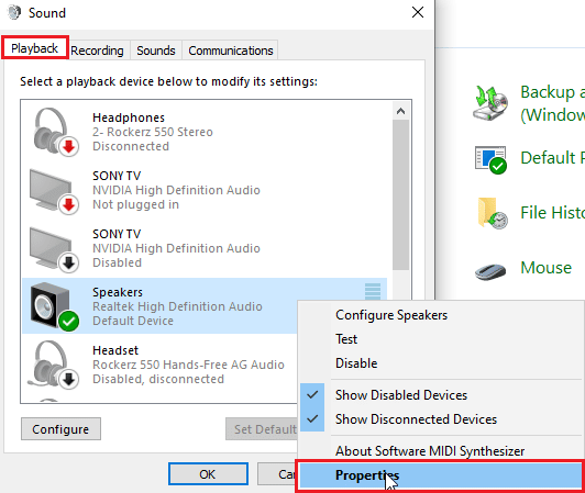 fare clic con il pulsante destro del mouse sul driver audio attivo e fare clic su proprietà