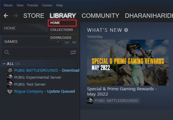 انقر فوق HOME وابحث عن لعبتك. إصلاح رمز خطأ Steam 51 في نظام التشغيل Windows 10