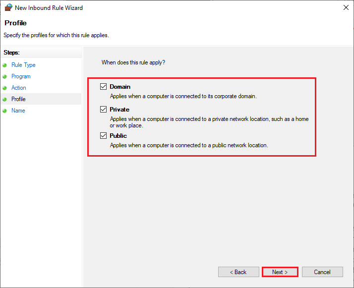 Asigurați-vă că sunt selectate casetele Domain Private Public și faceți clic pe Next. Remediați codul de eroare Steam 51 în Windows 10