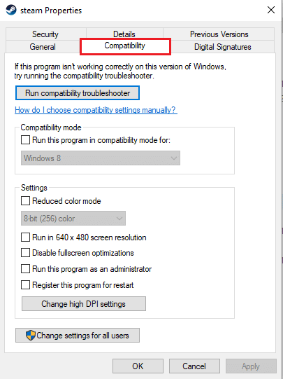 navigați la fila Compatibilitate. Remediați codul de eroare Steam 51 în Windows 10