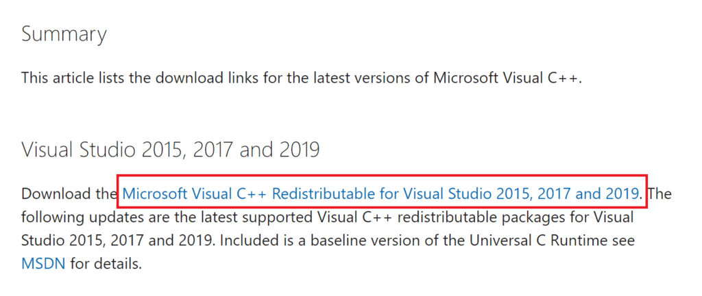 Microsoft Visual C++ Yeniden Dağıtılabilir sayfasını açın