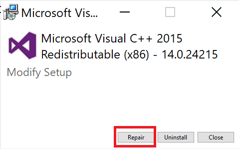 修理を選択 | Microsoft Visual C++ 再頒布可能パッケージを修復する方法