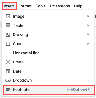 Fußnote im Menü Einfügen im Web