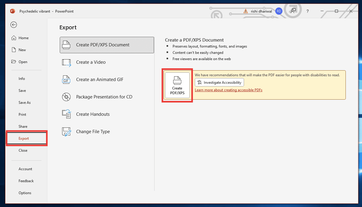 ไปที่แท็บส่งออกและคลิกที่สร้าง PDF XPS แก้ไขข้อผิดพลาด PowerPoint ไม่บันทึกไฟล์