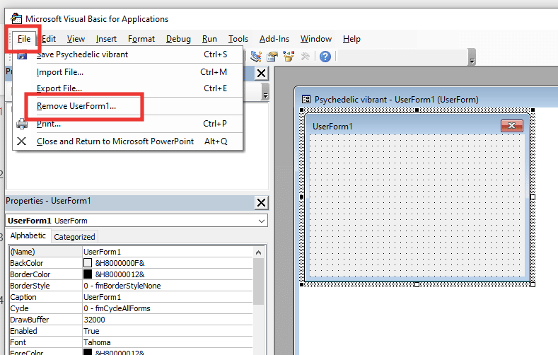 คลิกที่ไฟล์แล้วคลิกลบ userform1 แก้ไขข้อผิดพลาด PowerPoint ไม่บันทึกไฟล์