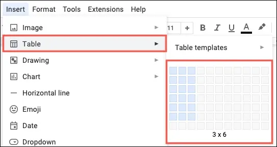 Opções de tamanho da tabela no menu Inserir